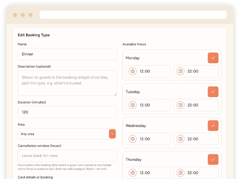Taybl Restaurant Management Software - Booking Types