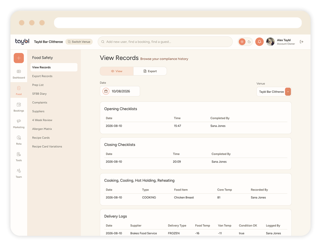 Taybl Food Safety Software - Export Records