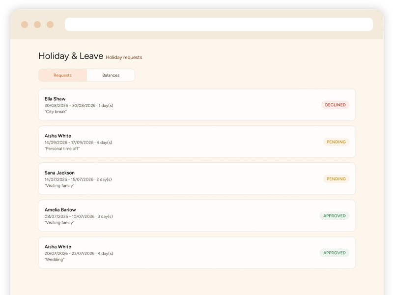 Taybl Restaurant Management Software - Holiday & Leave Management