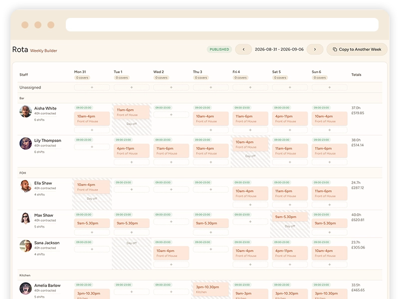 Taybl Restaurant Management Software - Rota Builder