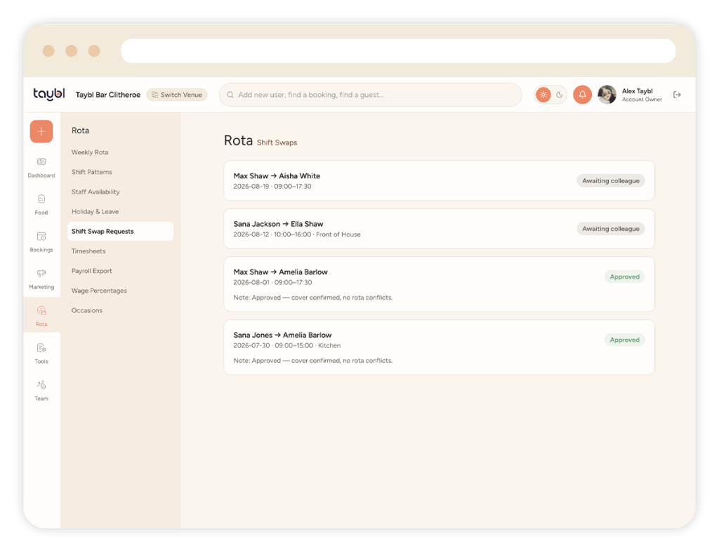 Taybl Rota Software for Hospitality - Shift Swaps